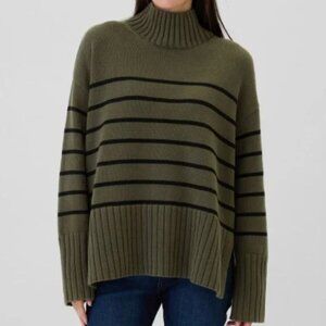 Gap Oversized 24/7 Split-Hem Mockneck Sweater  size medium Olive/black striped